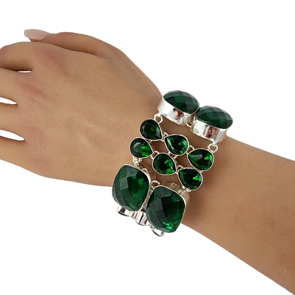 Green faceted glass silver bracelet chunky statement bracelet